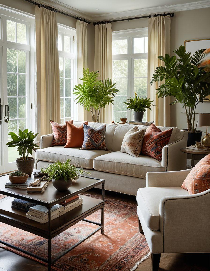 A stylish modern living room featuring Chiliwich home furnishings that blend luxury and functionality. Showcase elegant textiles in rich patterns on an upscale sofa, complemented by chic decorative items and functional accessories. A bright window accentuates natural light, highlighting textures and colors. Add subtle touches of greenery for a fresh feel. super-realistic. vibrant colors. cozy atmosphere.