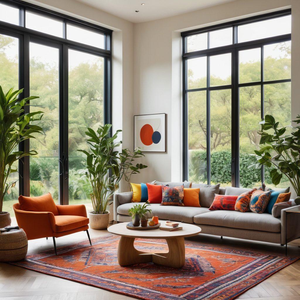 A stylish living room showcasing Chiliwich textiles with vibrant patterns, luxurious cushions on a modern sofa, and an elegant woven rug. Large windows allow natural light to flood the space, enhancing the contemporary decor with minimalist furniture and artistic accents. Incorporate a lush indoor plant for a touch of greenery. super-realistic. vibrant colors. bright atmosphere.